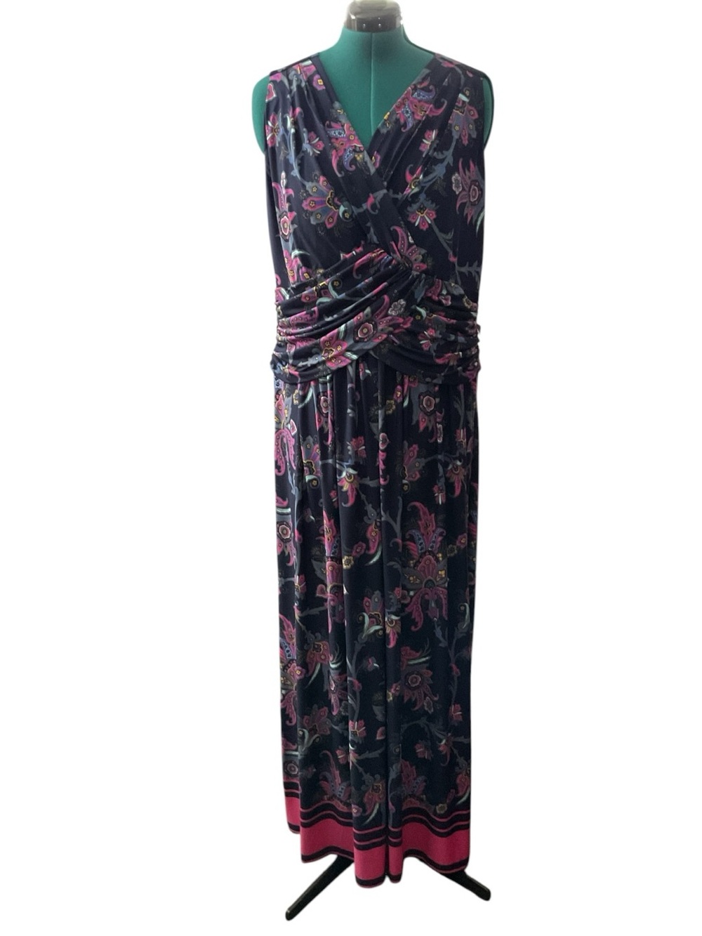 Eliza J Navy Maxi Dress with Pink Floral Print P: 23” L: 61”
